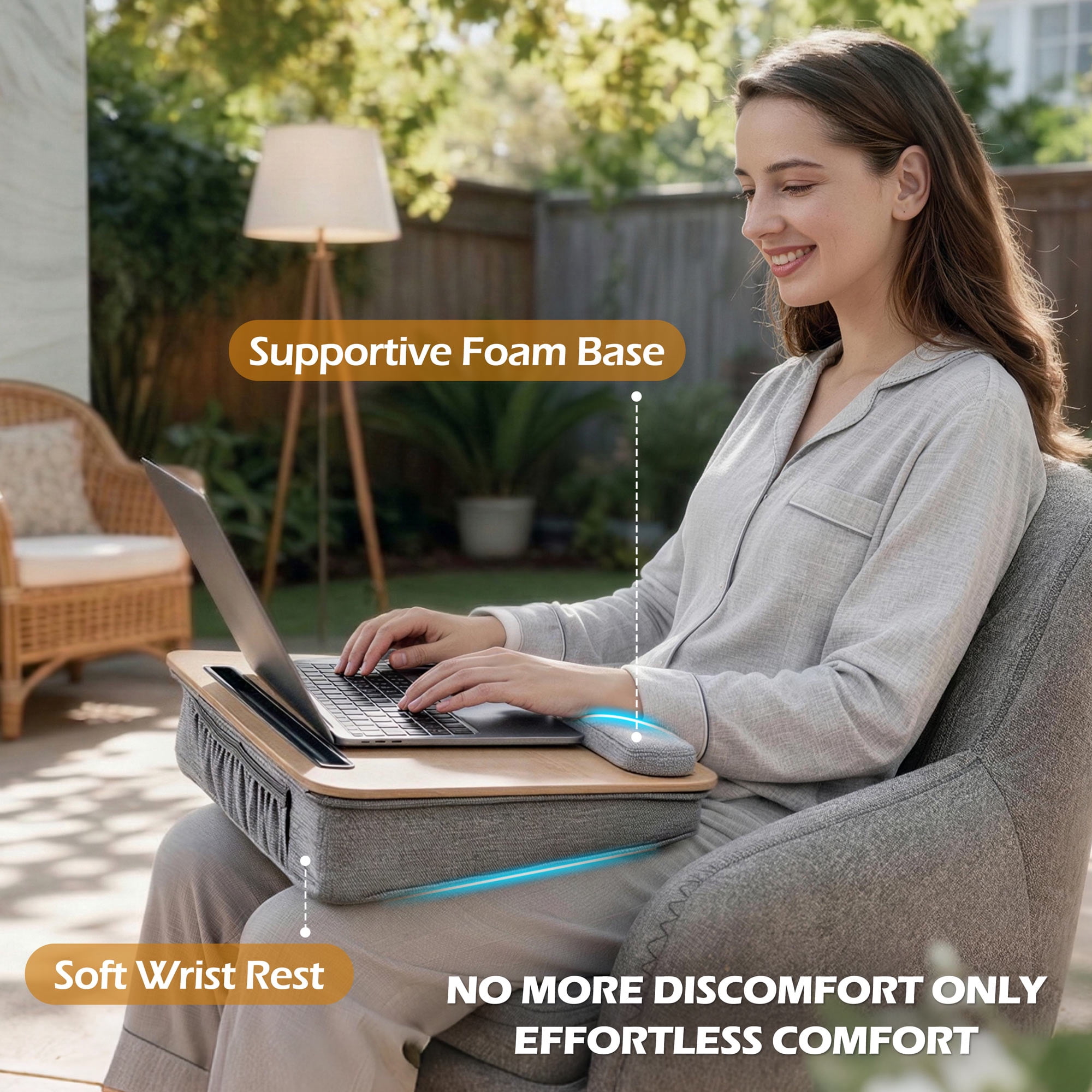 Coliware Lap Desk with Pillow Cushion, Portable Laptop Desk with Anti-Slip Strip Wrist Rest & Storage Function Fits Up to 15.6” Laptops, Laptop Stand for Home Office, Wood Grain Book Tablet
