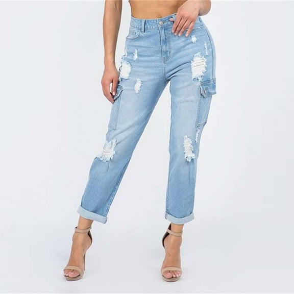 Women'S Ripped Boyfriend Jeans Trendy High Waisted Straight Leg Loose Fit Distressed Zipper Fly Hole Denim With Multi Pockets Blue L