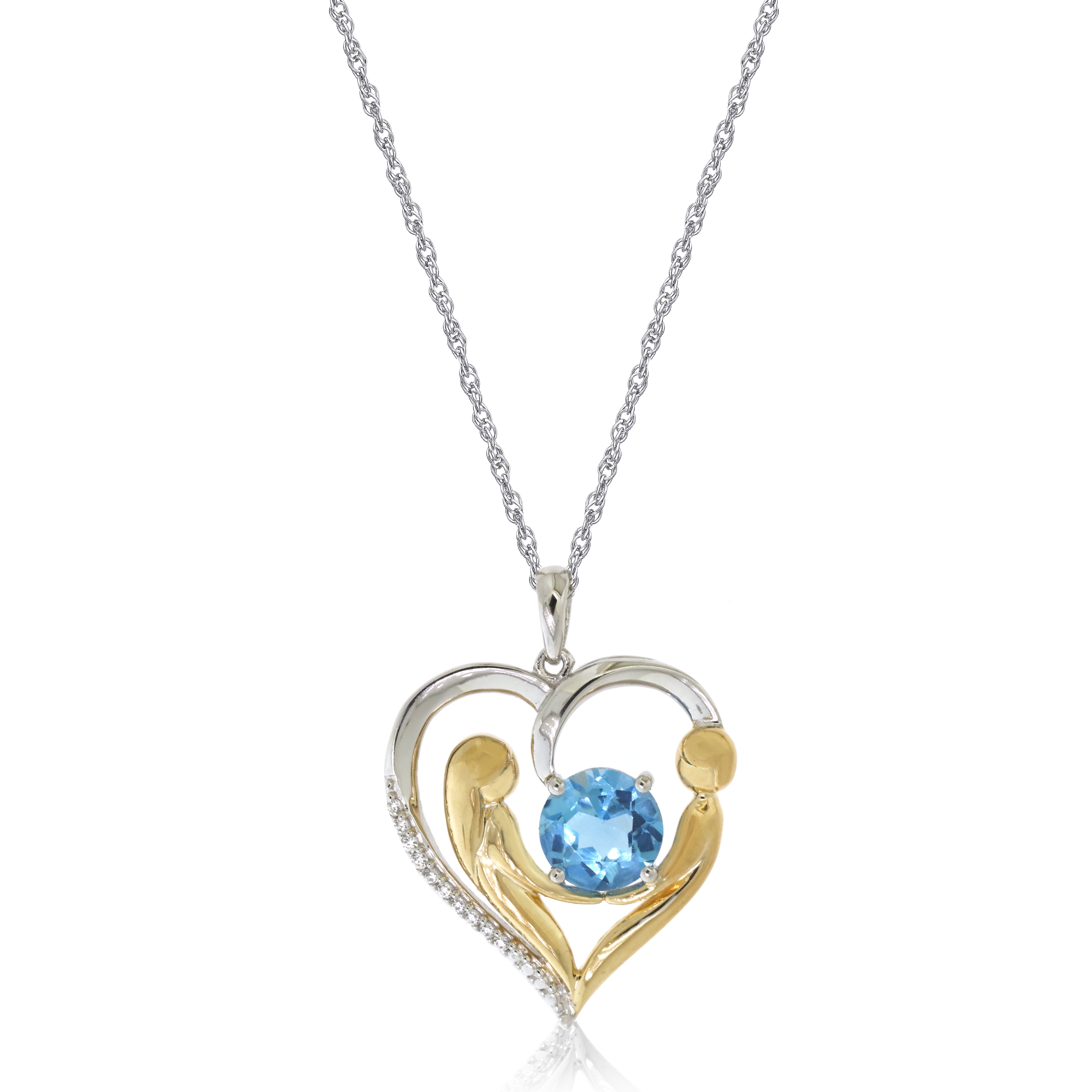 Brilliance 925 Sterling Silver with 14KY Gold Plated Genuine Swiss Blue Topaz and Diamond accent Heart Pendant with 18" Chain