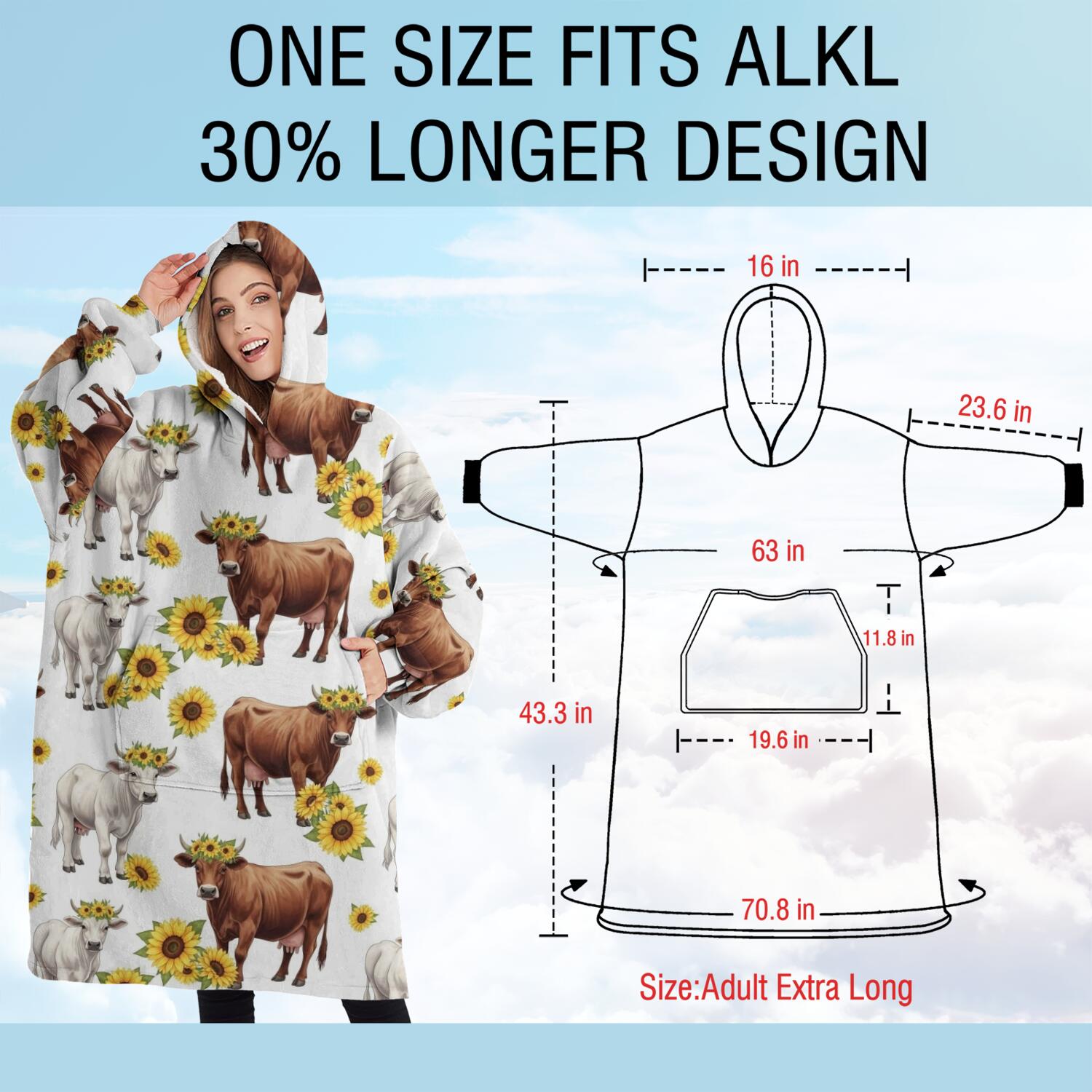 Oversized Wearable Blanket Hoodie,Highland Cow Sunflower Cow Pattern Sherpa Blanket Hoodie with Super Pockets,Super Warm Fuzzy Pullover for Women & Men