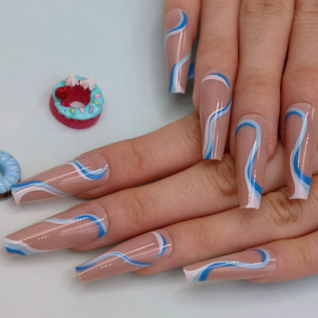 Fake Nails, 24Pcs Glossy Ballerina Acrylic Nails, Blue Abstract Swirl False  Nails | Walmart Canada