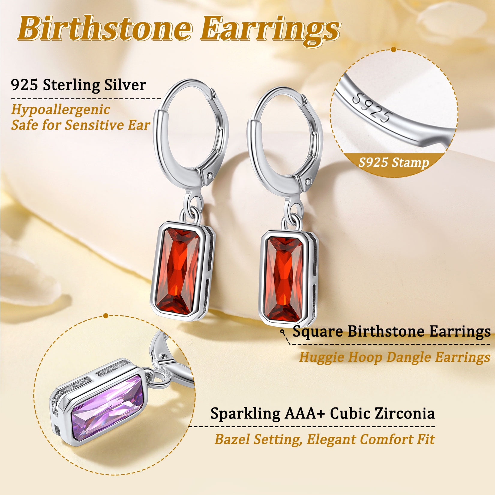 Suplight 925 Sterling Silver Emerald Cut Birthstone Hoop Dangle Earrings, Women Cubic Zirconia Crystal Drop Earrings