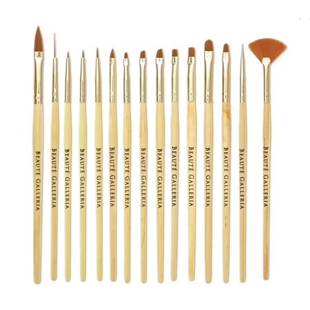 Beaute Galleria 15 Pieces Nail Art Brush Set for Detailing, Striping, Blending, One-Stroke Nail Art with Gel Brushes, Painting Brushes, 3D Brush, Dotting Tool, Fan Brush and