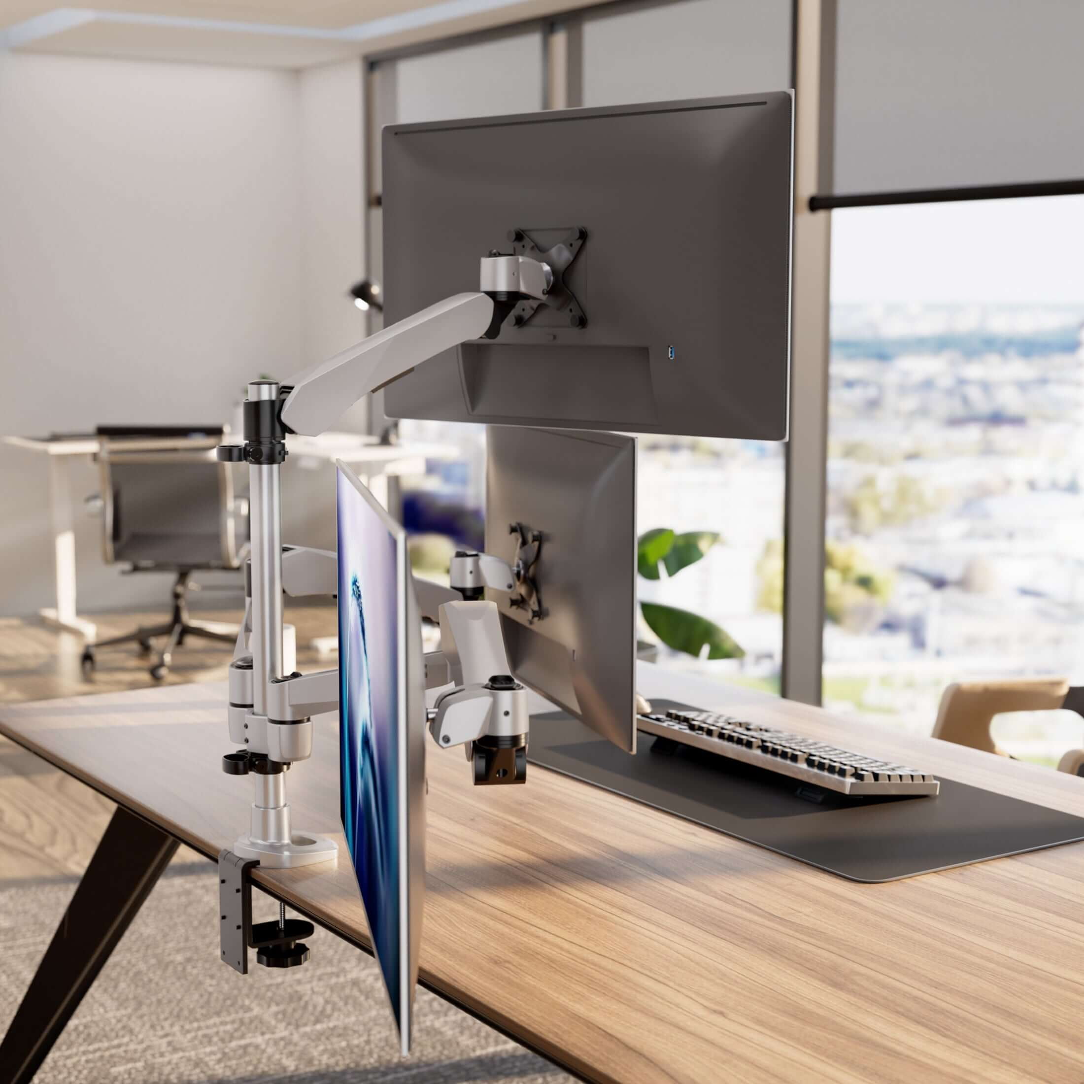 CLiX Series Full Motion Triple Pyramid Monitor Desk Mount with Gas Spring Arms