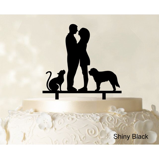 Couple Wedding Cake Topper With Pets Silhouette Wedding Topper Cake Decorations Color Option Available 6.5-7.5 Inches Wide