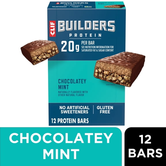 CLIF BUILDERS Protein Bars Chocolate Mint Flavor, Plant Protein, Gluten Free Bars, 12ct