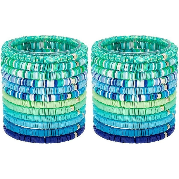 24 pulseras apilables estilo preppy, 12 estilos, pulseras surferas Heishi de 6 mm, pulseras de cuentas de arcilla polimérica, pulseras elásticas, pulseras bohemias elásticas apilables.