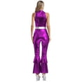 thumbnail image 2 of TiaoBug Women's Shiny Metallic Bell-bottom Jumpsuits 70s Hippie Costume Disco Dance Party Clubwear Purple M, 2 of 5