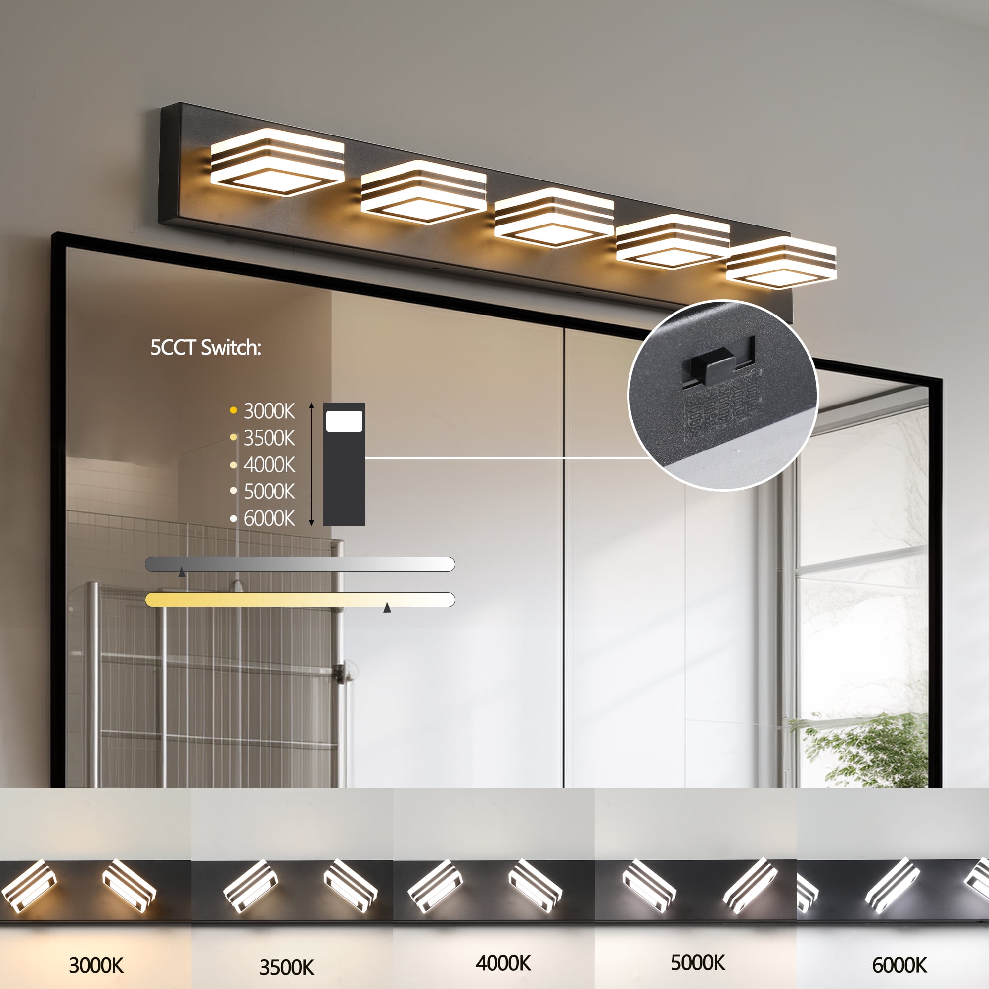 Leumius 34" Modern 5-Light LED Vanity Light, Square Acrylic Lampshades Wall Mount Fixture for Mirror, Bathroom, Bedroom and Hallway Black