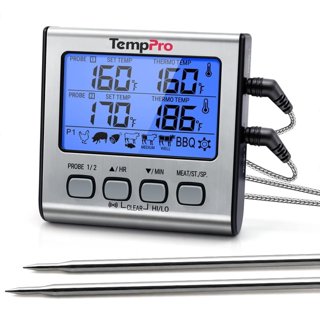 ThermoPro TP-17 Termómetro Digital de Doble Sonda para Cocinar Carne Gran Pantalla LCD Retroiluminada Termómetro de Alimentos a la Parrilla con Modo Temporizador para Ahumador Ho