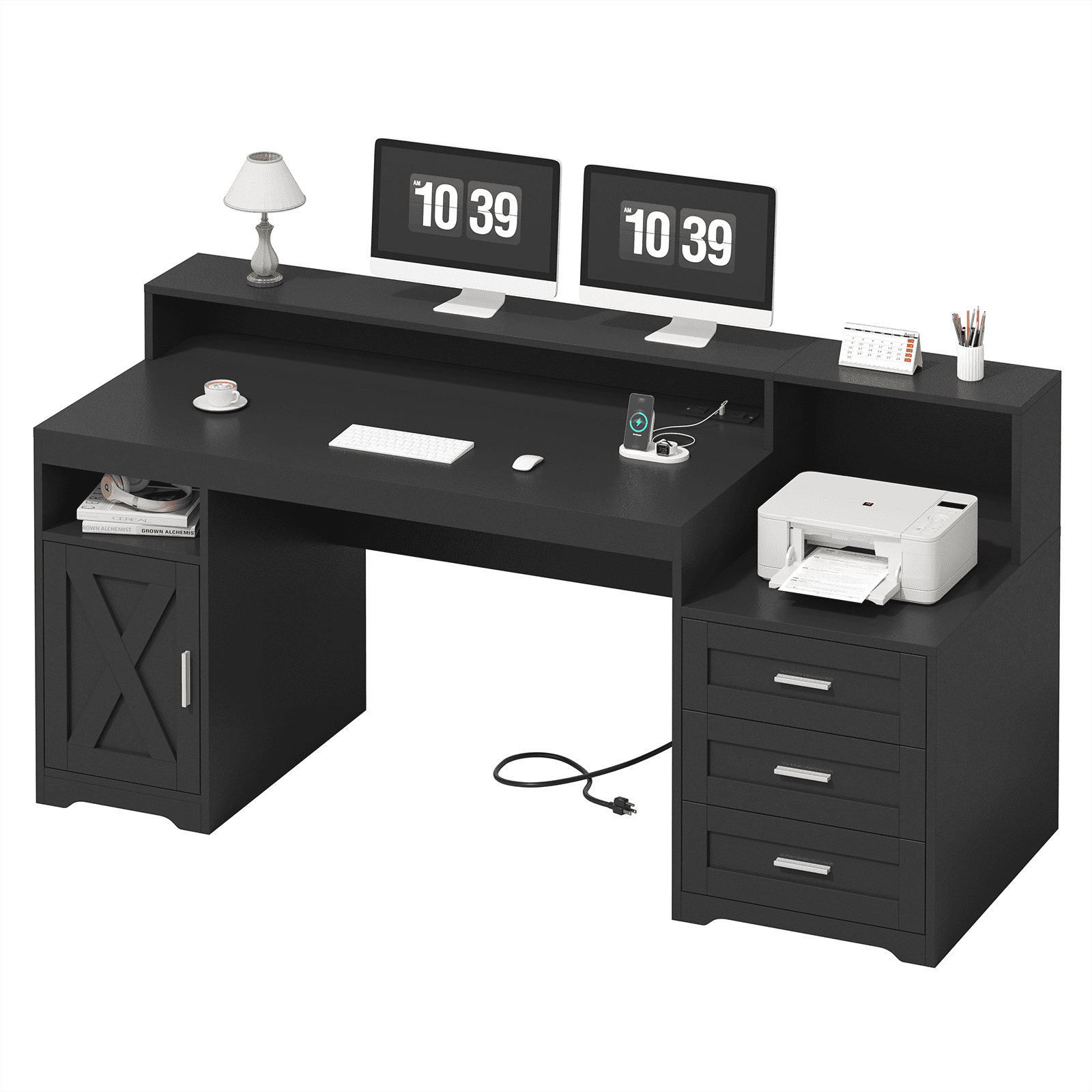 Farmhouse Computer Desk with Drawers, 65'' Home Office Desk with Power Outlets, Storage Cabinet and Printer Stand, Study Writing Desks with Long Monitor Stand, Black