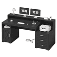 thumbnail image 2 of Farmhouse Computer Desk with Drawers, 65'' Home Office Desk with Power Outlets, Storage Cabinet and Printer Stand, Study Writing Desks with Long Monitor Stand, Black, 2 of 10