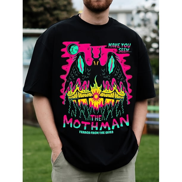Halloween T-shirt - Mothman Halloween T-Shirt, 100% Cotton Crew Neck Short Sleeve, Street Style Loose Fit, Knit Fabric with Slight Stretch, Regular Length, Summer Casual Wear for Adults