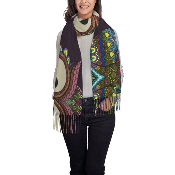 Cauagu Boho Owl Print Women Wrap Shawl tassels Scarves Retro Scarf 77.6"X28.3"