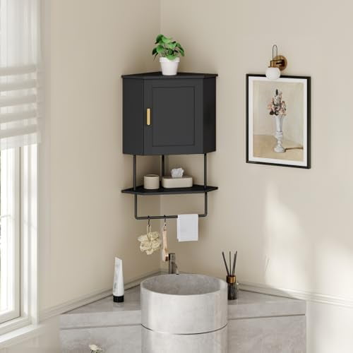 Bathroom Wall Cabinet, Corner Wall Mount Medicine Cabinet with Adjustable Shelf & Towel Bar, 3-Tier Over Toilet Storage Cabinets for Bathroom Laundry Room Kitchen, for Small Space, Black