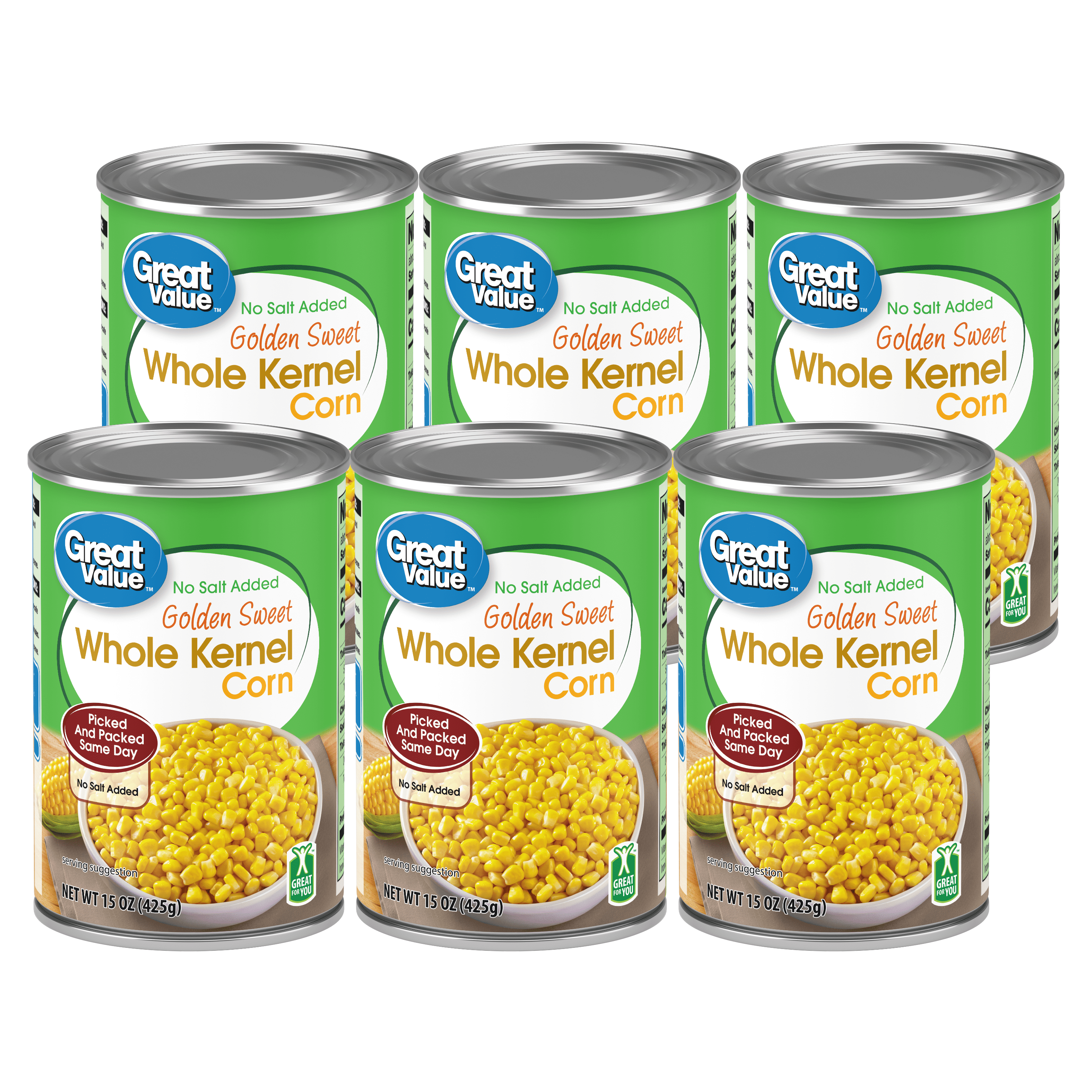 (6 Cans) Great Value Canned No Salt Sweet Corn, 15.25 oz Can