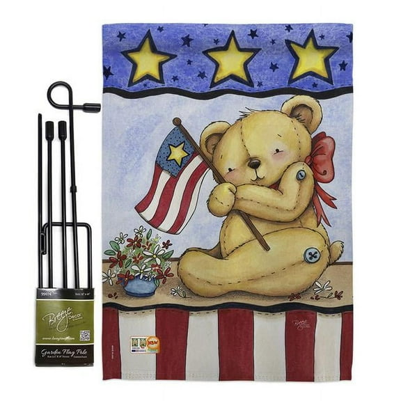 Breeze Decor BD-PA-GS-111006-IP-BO-D-US15-AL 13 x 18.5 in. Pat Bear Americana Patriotic Vertical Double Sided Mini Garden Flag Set with Banner Pole