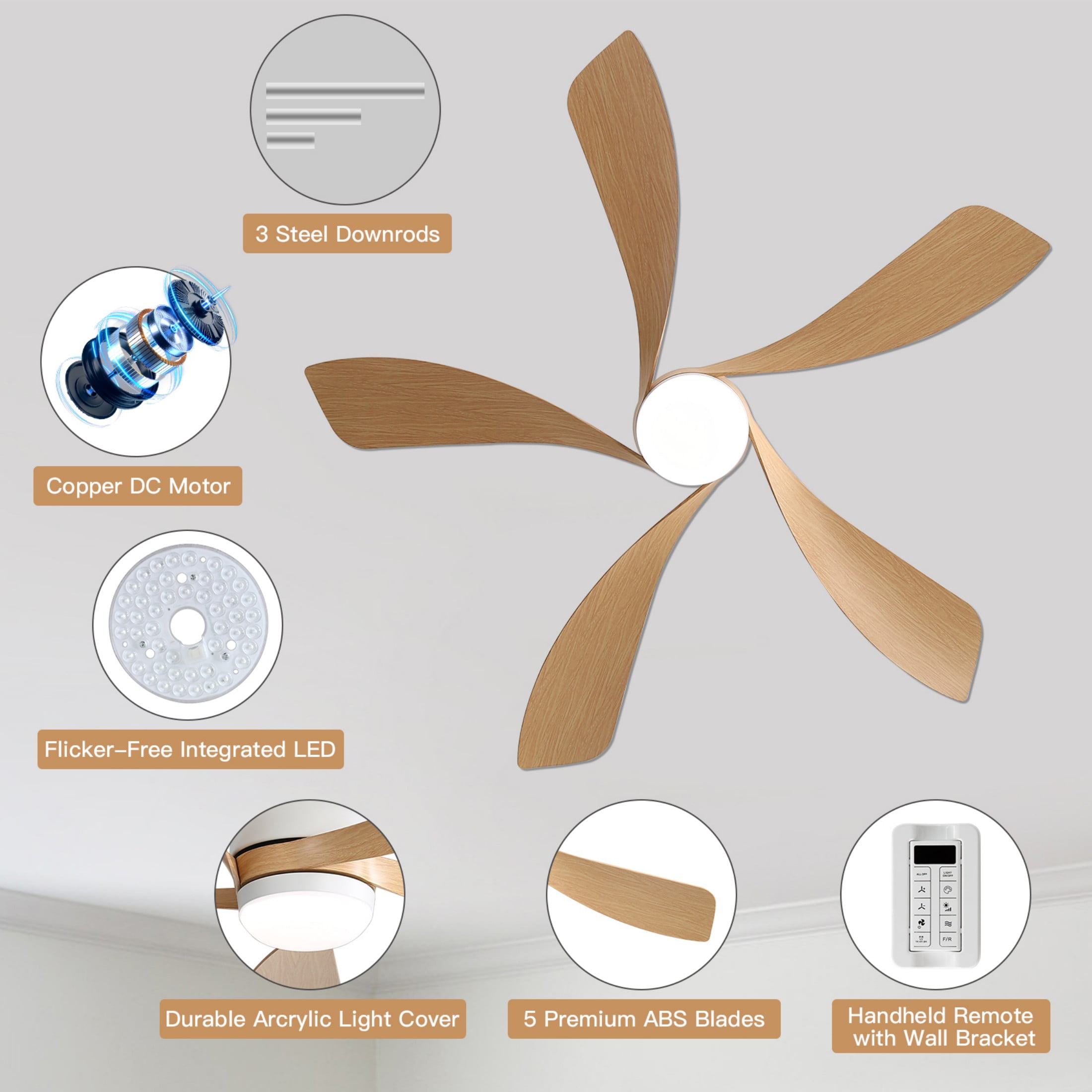 Sofucor 45" Smart Ceiling Fan, Indoor/Outdoor Ceiling Fans with Lights and Remote, Compatible with Alexa/Google/App, 3-Color Light 6-Speed Timing Reversible DC Motor