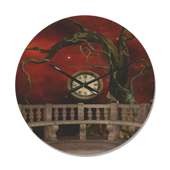 Designart 'Tree Angels and Balcony with Clock' Vintage Wood Wall Clock