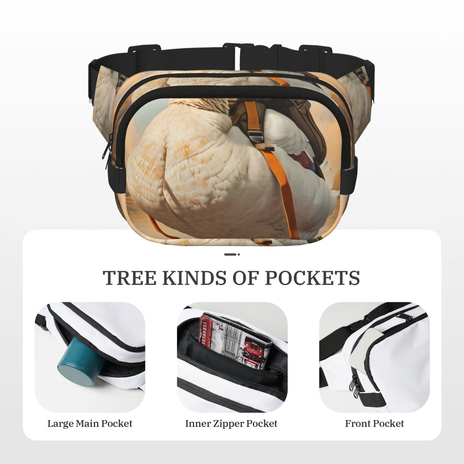 Picia Hiking Duck Print Square Double-Layer Waist Bag Mini Adjustable Waist Belt Bag Exercise Running Travel Hiking