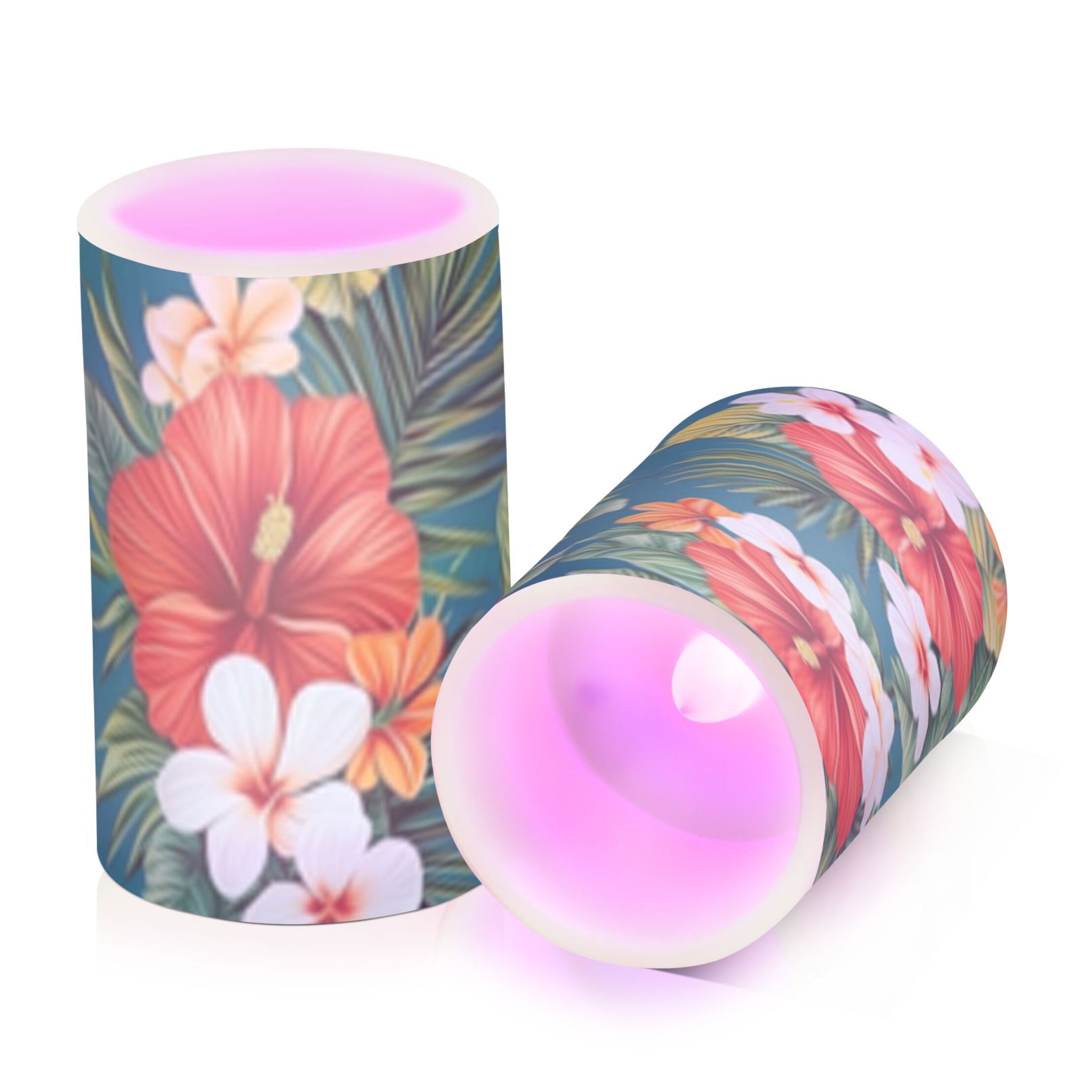 Tropical Flowers with Hibiscus Flickering Flameless Candles Battery Operated with Remote Timer LED Pillar Candles Set of 2