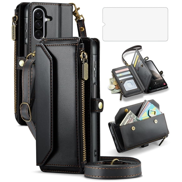 Asuwish Compatible with Samsung Galaxy A17 5G Zipper Wallet Phone Case Tempered Glass Screen Protector Crossbody Lanyard Strap Flip Card Holder Slot Cell Cover for A 17 17A G5 Women Girls Black