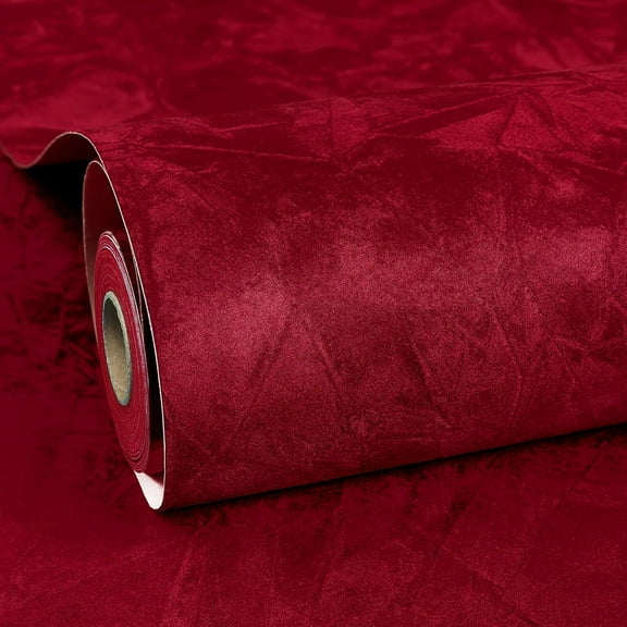 Textured Peel And Stick Velvet Flocked Fabric Wall Covering, Dark Red Burgundy, Self-Adhesive, 17.5 In x 6.5 Ft Roll