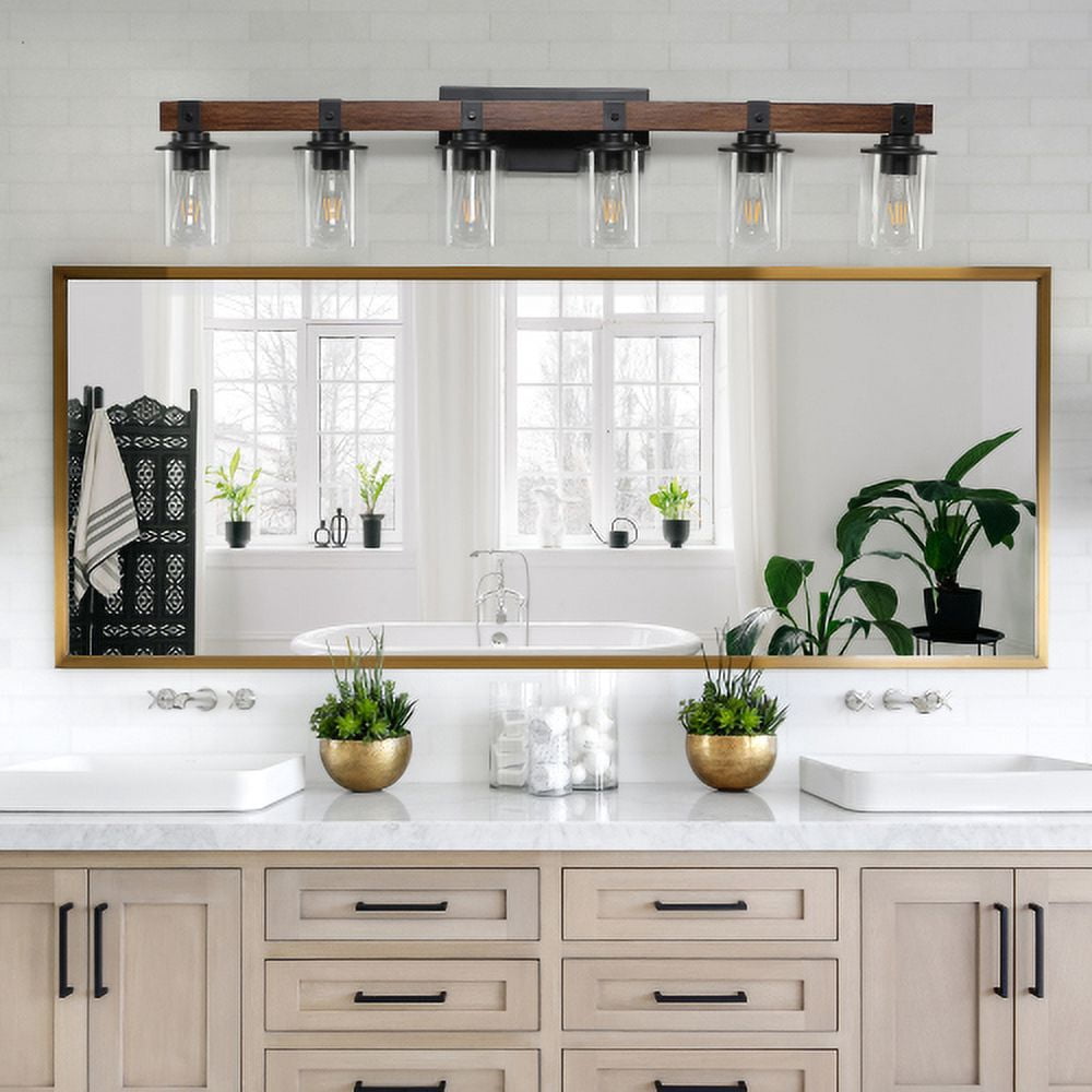 Hi-LIGHTS,6-Lights Farmhouse Rustic Bathroom Light Fixture with Glass Lampshade(Bulbs Not Included),Vanity Lights Fixture for Bathroom,Dressing Room,Bedroom,Living Room(Black)