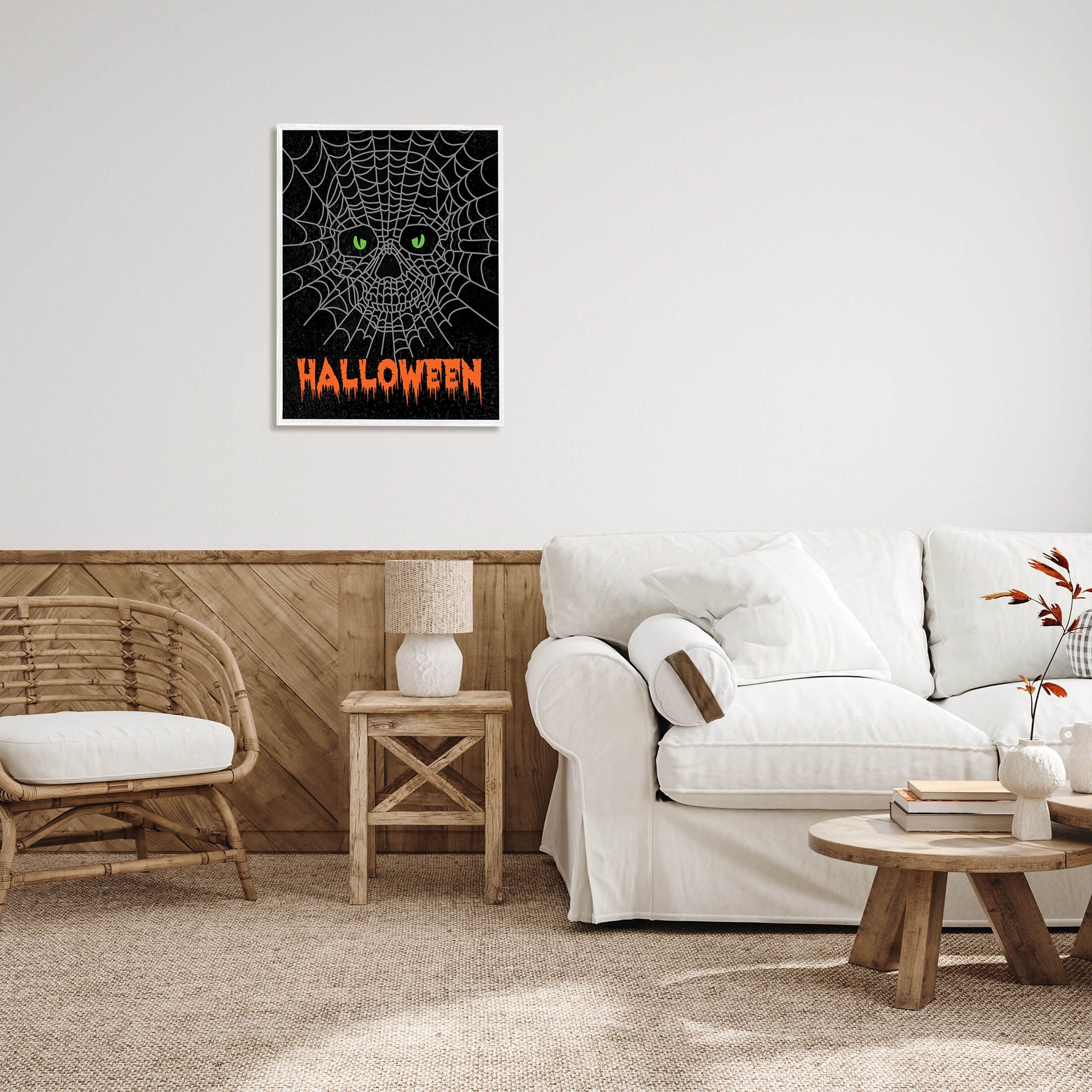 Stupell Industries Spooky Halloween Spider Web Skull Graphic Art White Framed Art Print Wall Art, Design by Linda Birtel