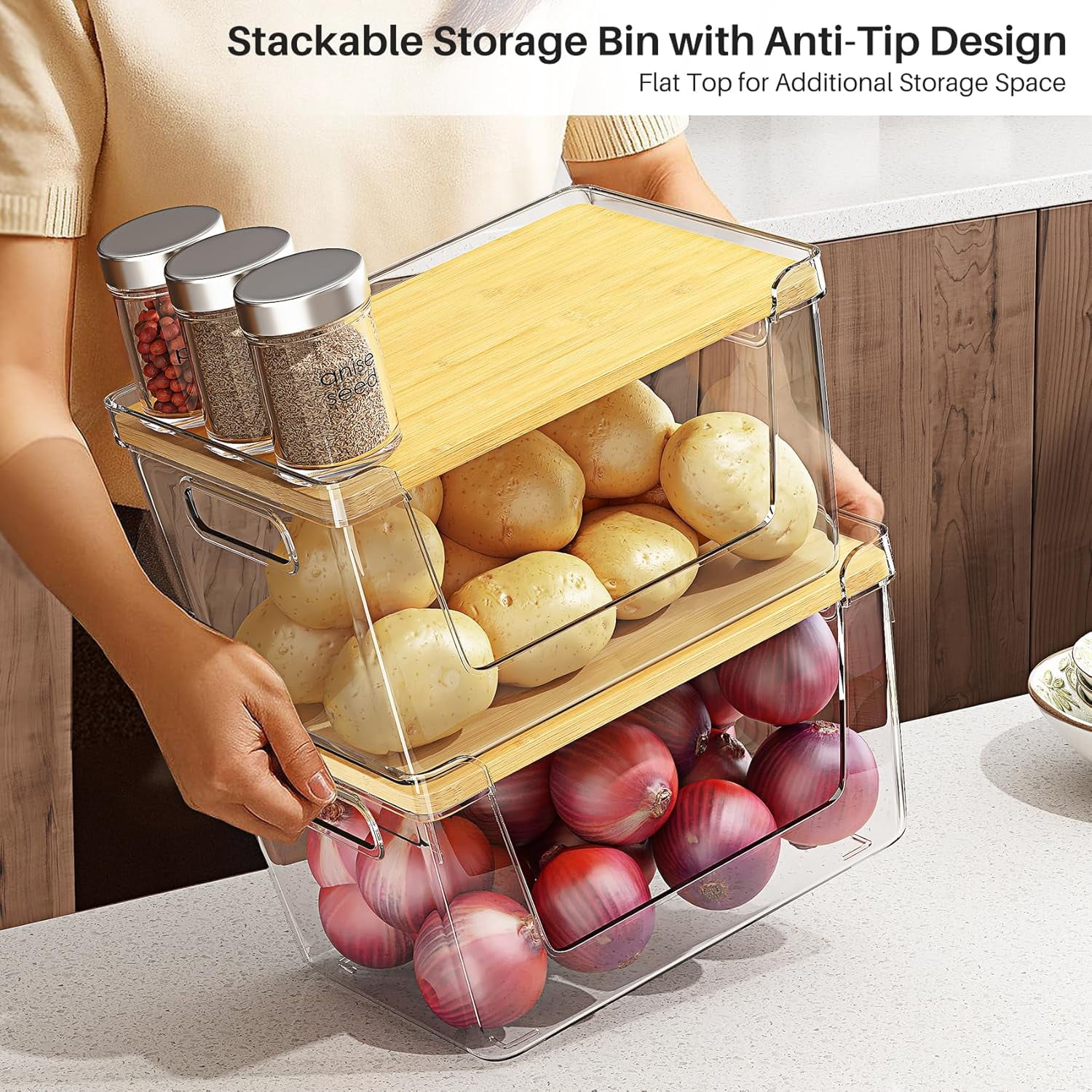 2-Pack Pantry Organizer and Stackable Storage Kitchen Baskets, Sturdy and Durable Storage Basket for Potato, Onion, Garlic, Fruit, Vegetable, Produce, Clear Plastic Storage with Lid and Handle