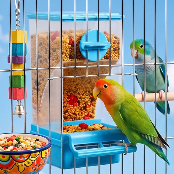 No-Mess Automatic Bird Feeder for Cage, Hanging Dispenser with Husk Separator for Parakeets, Cockatiels and Small Birds