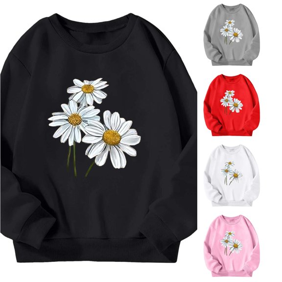 CUZIBR Toddler Girls Crewneck Sweatshirt Flower Graphic Pullover Long Sleeve Cute Casual Daily Wear,Black,3-4 Years