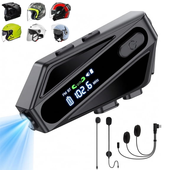 Motorcycle Helmet Bluetooth Headset with LED Display, IPX6 Waterproof Noise Cancelling Speakers, with 2 Type Mics & TF Card Support for Motorbike, Riding, Skiing, and Cycling