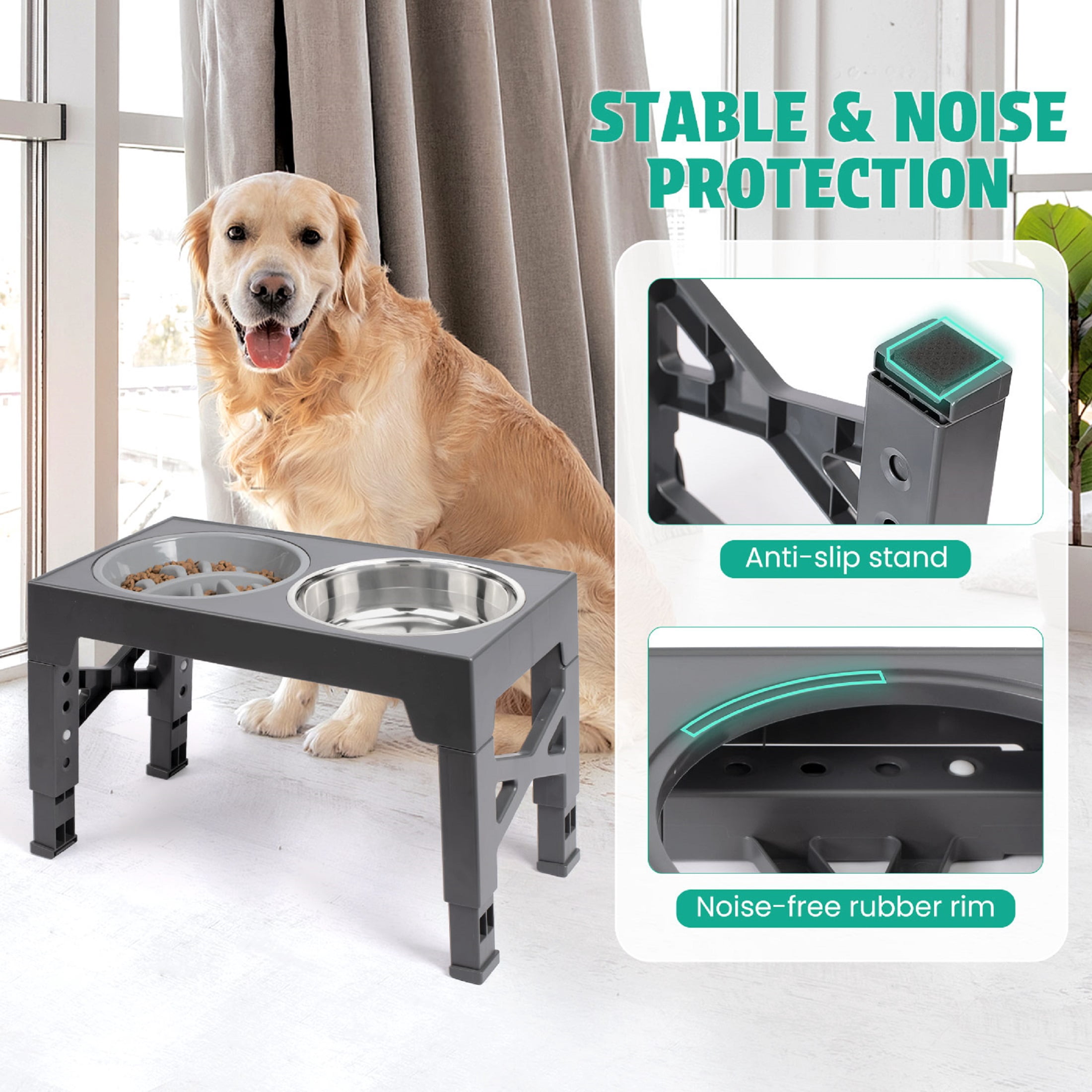 Elevated Dog Bowls - 5 Adjustable Heights Stand, 2 Stainless Steel Bowls & 1 Slow Feeder, for Small to Large Dogs, Gray