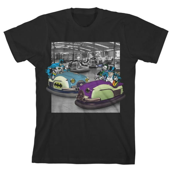Batman, Joker, Penguins in Bumper Cars Youth Black Graphic Tee-XS