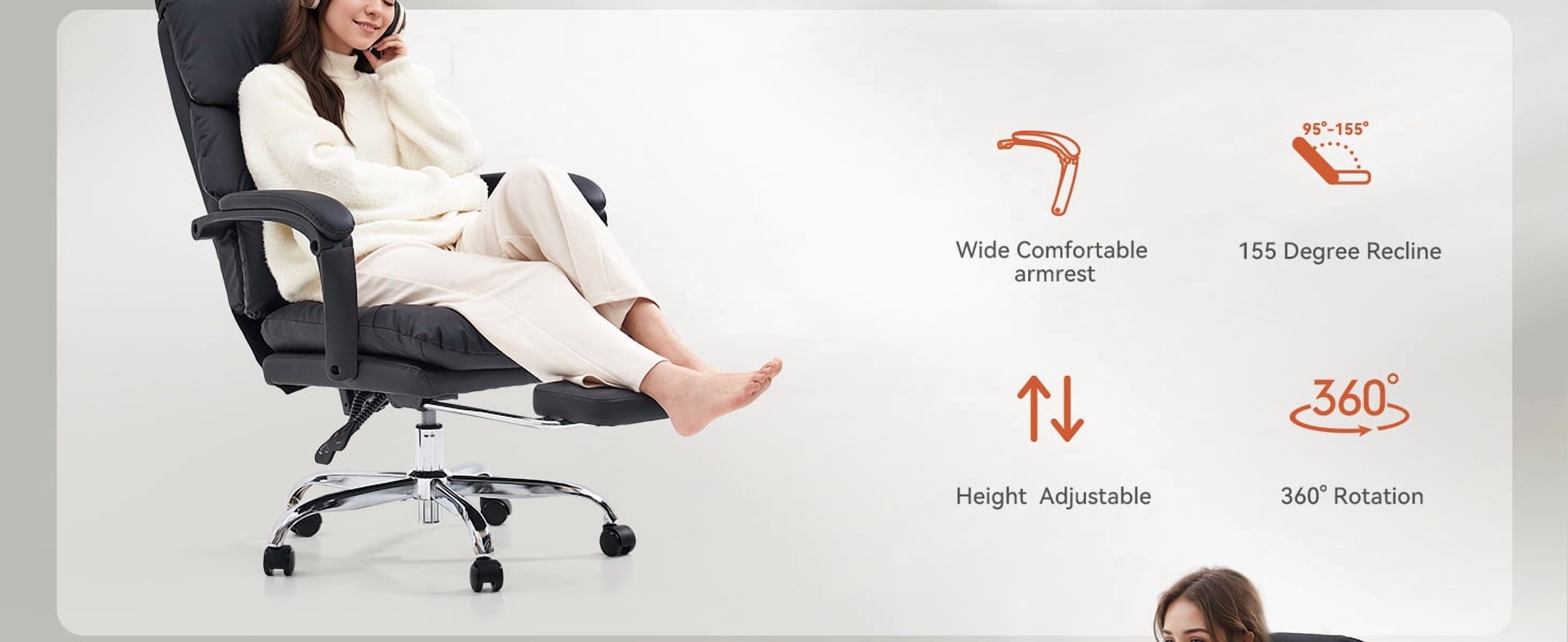 EMIAH Real Leather Office Chair with Foot Rest, Reclining Ergonomic Executive Office Chair with Arms, High Back Comfy Swivel Computer Desk Chairs with Wheels and Lumbar Support for Home Office, Black