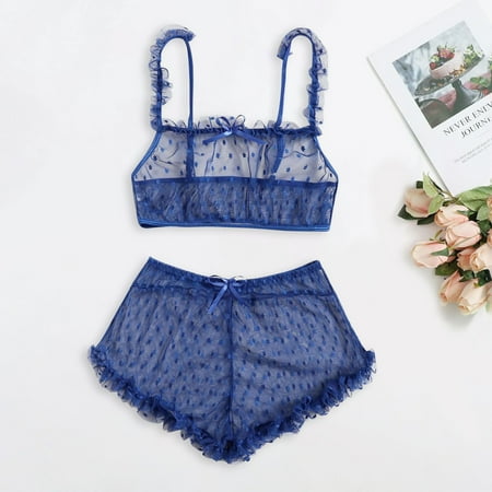 

MRULIC intimates for women Lingerie Lace Gstring Thong Underwear Sleepwear Bow Tie New Fashion Blue + L