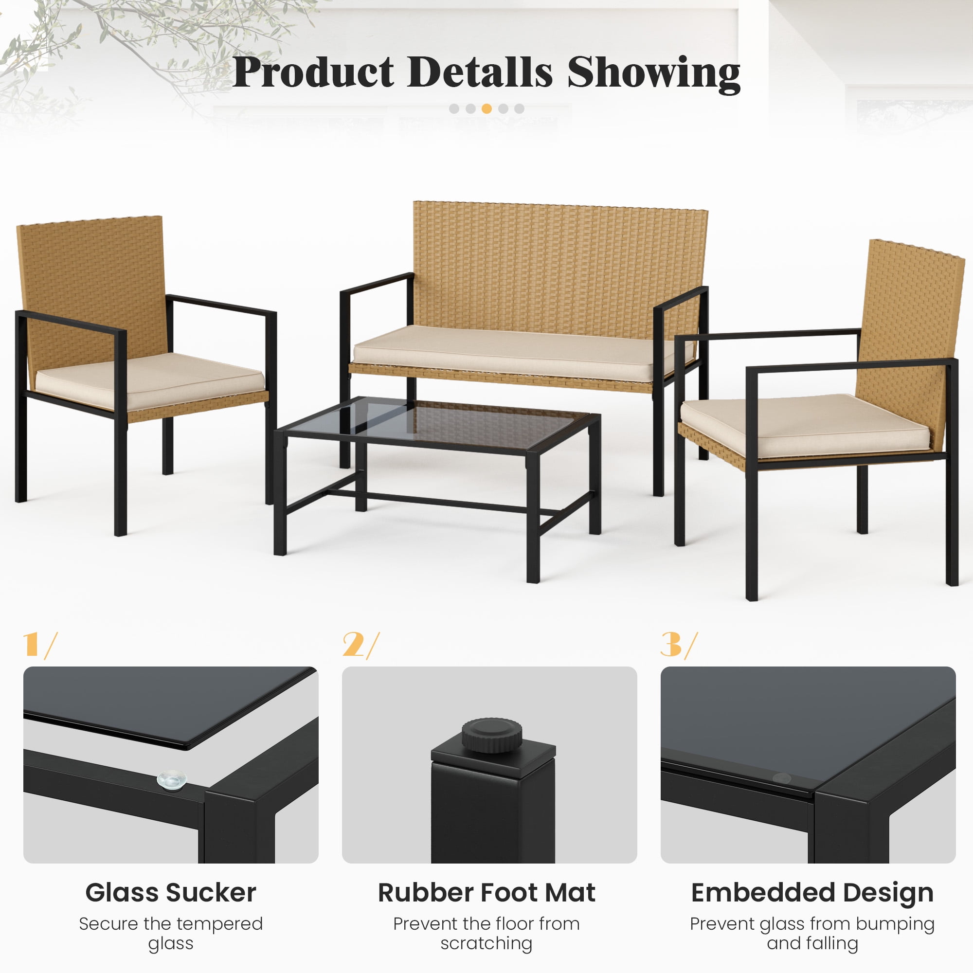 ELPOSUN Patio Furniture Sets for 4, 4 Pieces Patio Comversation Set with Glass Coffee Table,for Backyard Balcony Lawn Pool,Yellow/Beige