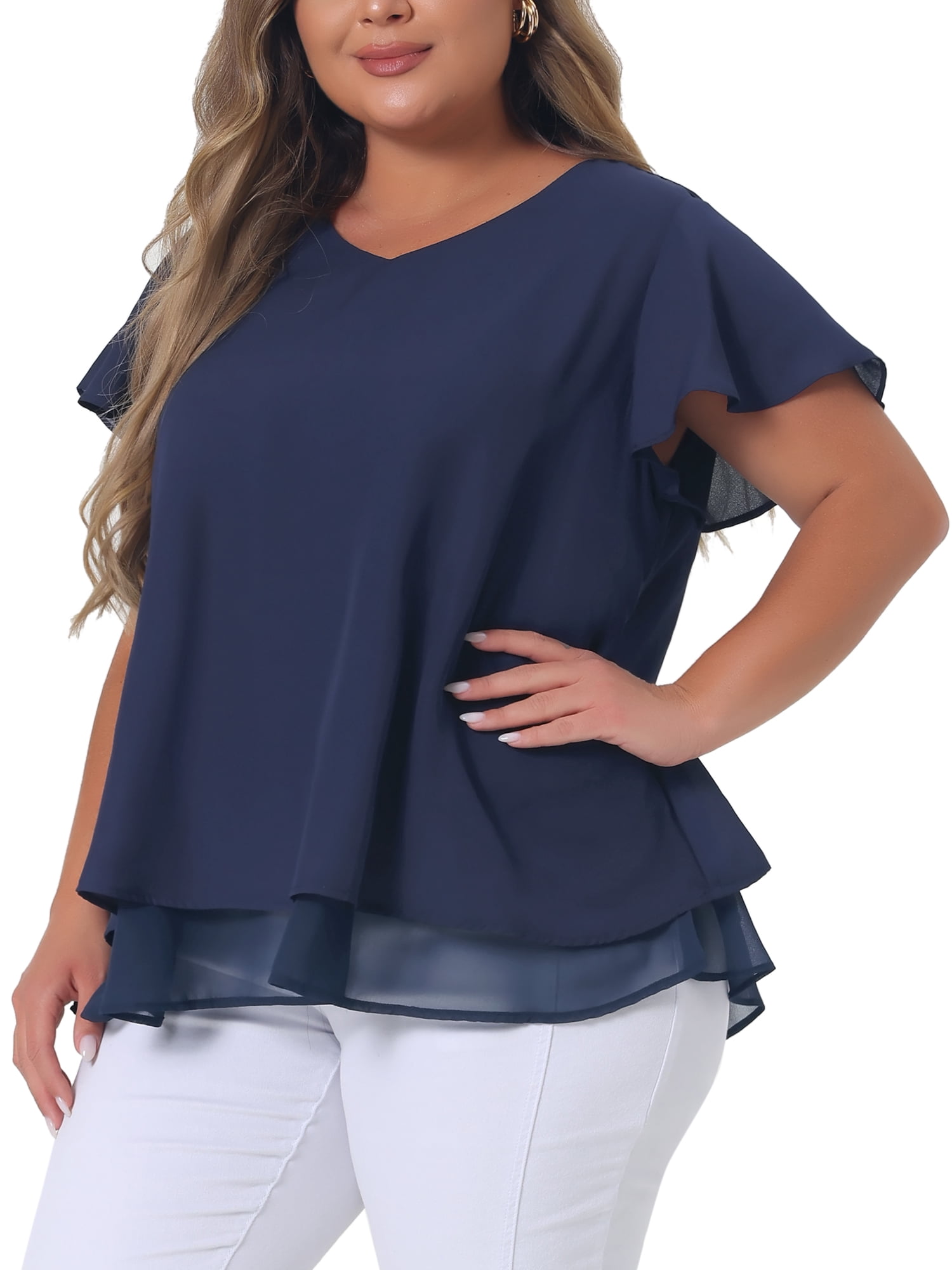 DARING DIVA Women's Plus Size Ruffle Short Sleeve V Neck Chiffon Blouse L Navy Blue