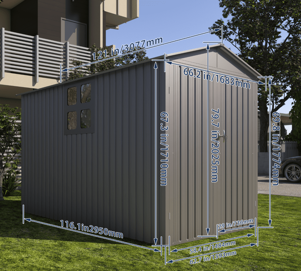 Mintazer 10×6ft Outdoor Motorcycle Storage Shed with Window, Large Garden Tool Storage Building for Backyard Lawn Patio, Gray