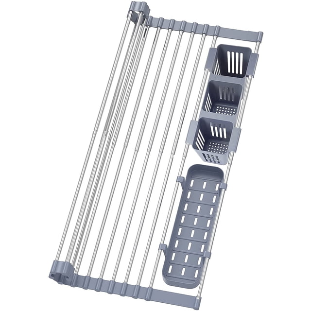 Escurreplatos enrollable expandible de hasta 22.8 pulgadas con 2 cestas de almacenamiento. Escurreplatos enrollable para colocar sobre el fregadero. Plegable y enrollable. Ideal para platos, tazas,