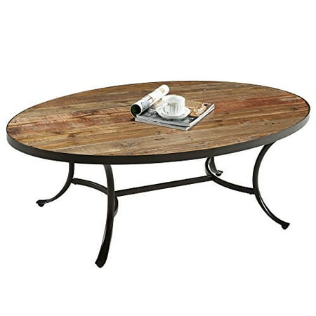 Reclaimed Table Tops ModHaus Living Country Style Reclaimed Wood Top Oval Shaped Cocktail Coffee Table | Metal Legs, Natural Finish, Living Room Decor - Includes Pen ()