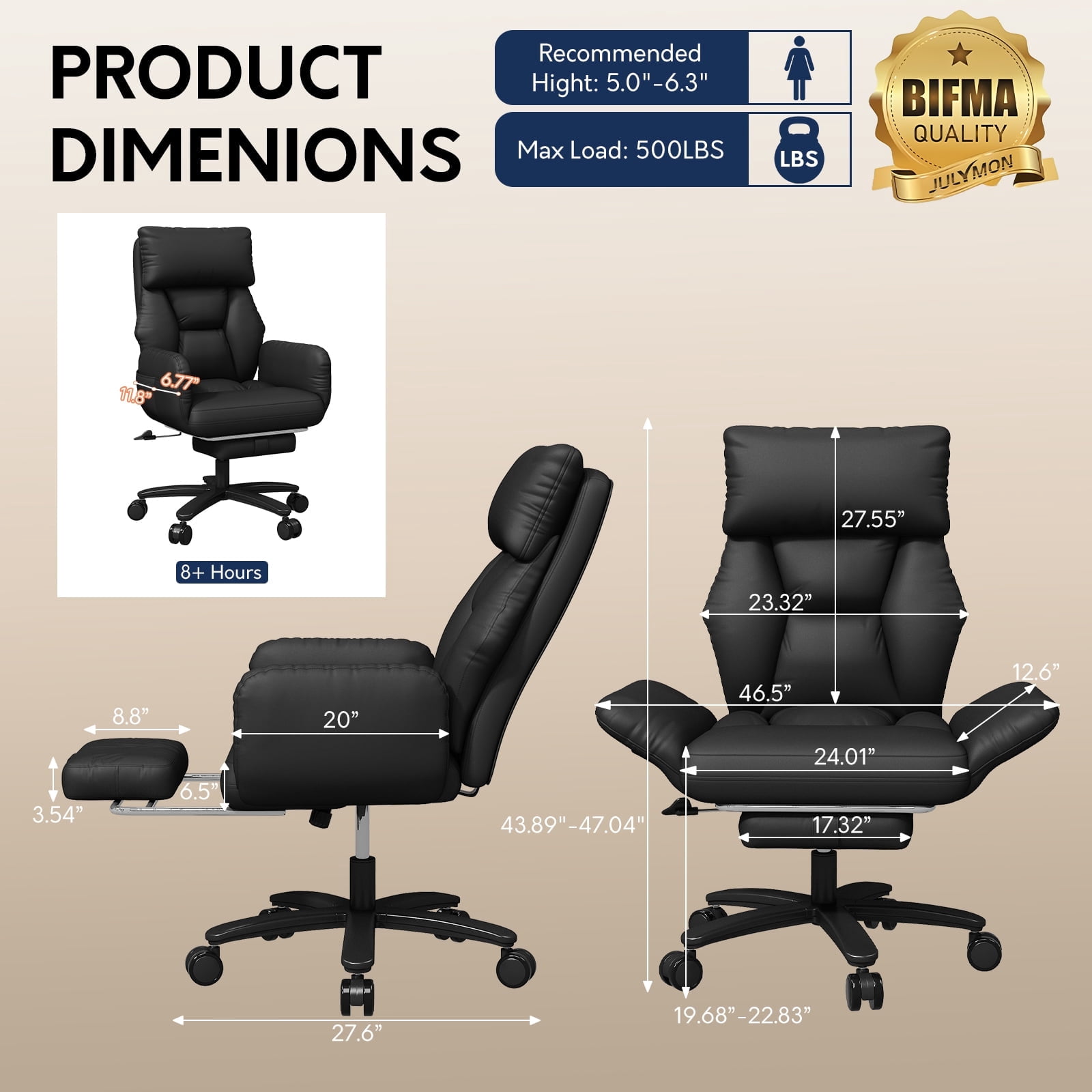 HomeZeer 500lbs Capacity Cross Legged Office Chair, Big and Tall Office Chair with Footrest, PU Leather Criss Cross Desk Chair with Reclining Back, Adjustable Arms & Wide Seat for Home Office, Black