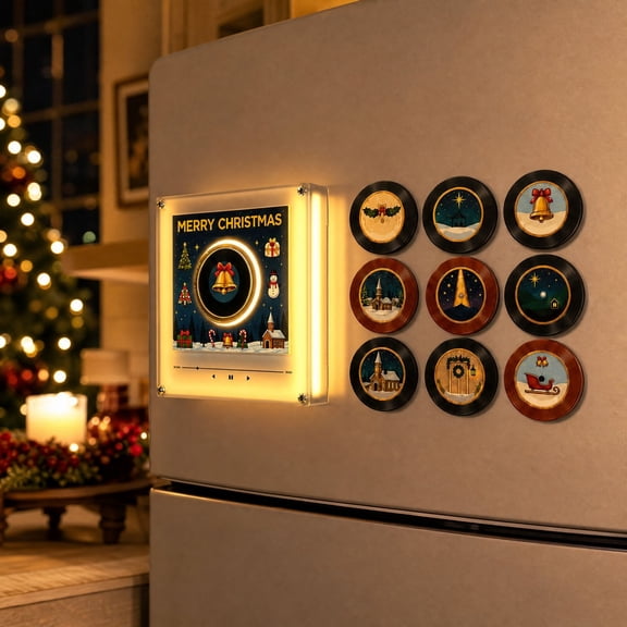 Christmas Magnetic Vinyl Player Music Record for Fridge Refrigerator, Magnets Vinyl Record Player Music Box Set, NFC Custom Storage Personalized Retro with 9 PCS Programmable Playback