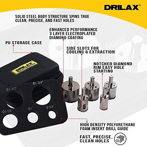 DRILAX Diamond Hole Saw Drill Bit Set with Storage Case 5-Piece 3/4, 1, 1-1/4, 1-1/2, 1-3/4 inch