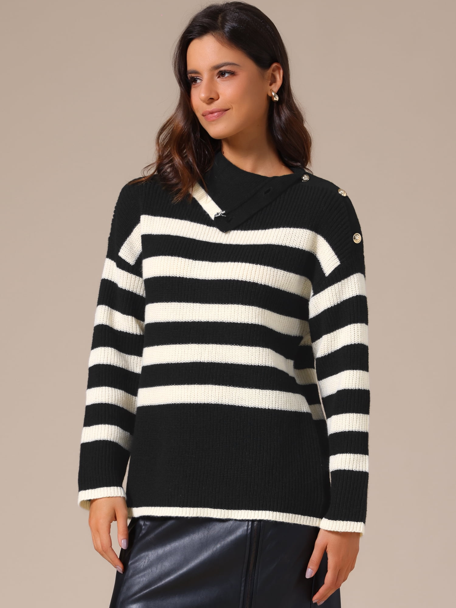 DARING DIVA Women's Long Sleeve Pullover Striped Color Block Sweater M Black