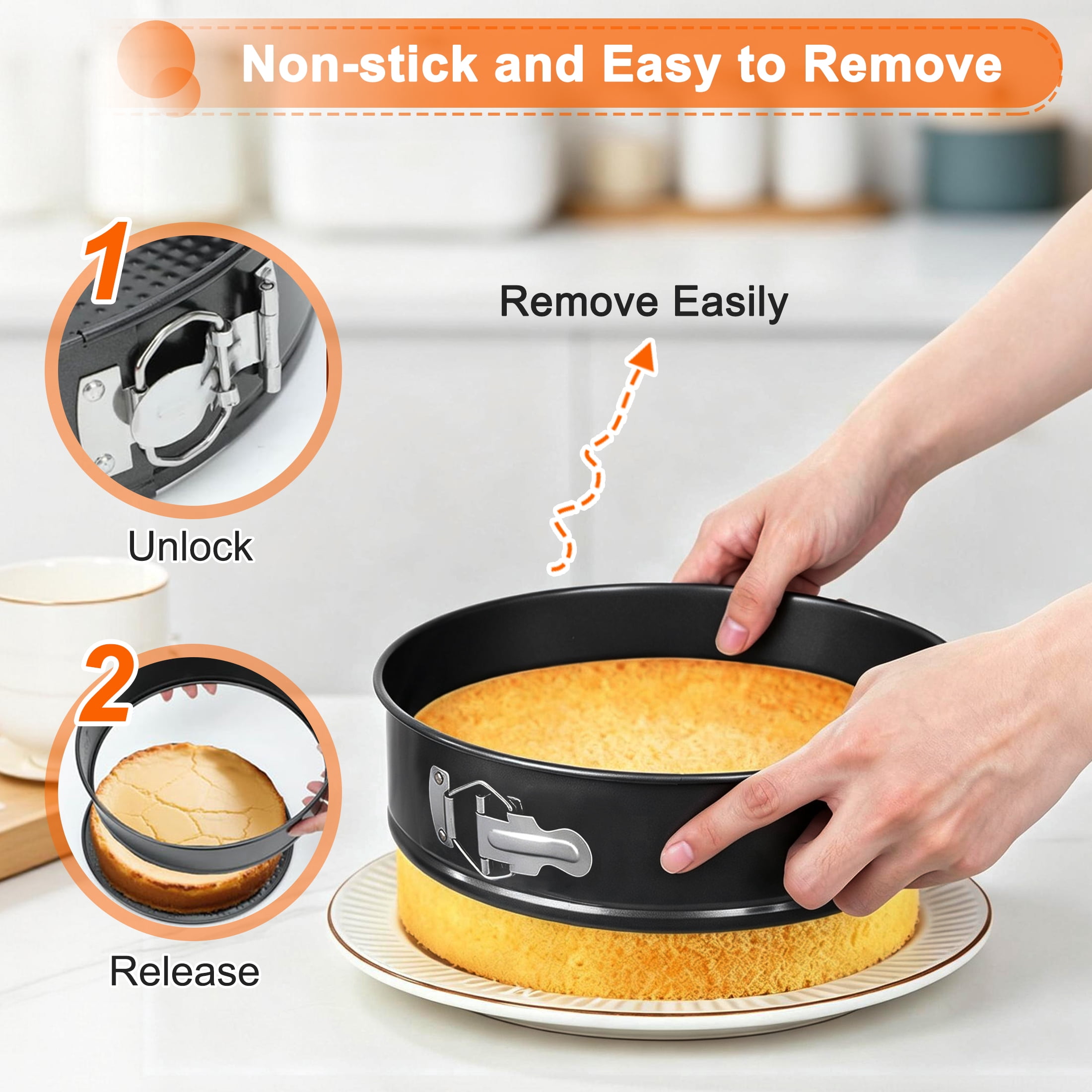 3 Pcs Springform Cake Pan, 8", 9" ,10" Non‑stick Removable Bottom Baking Molds, Heart Round Square Bakeware for new and experienced baking enthusiasts