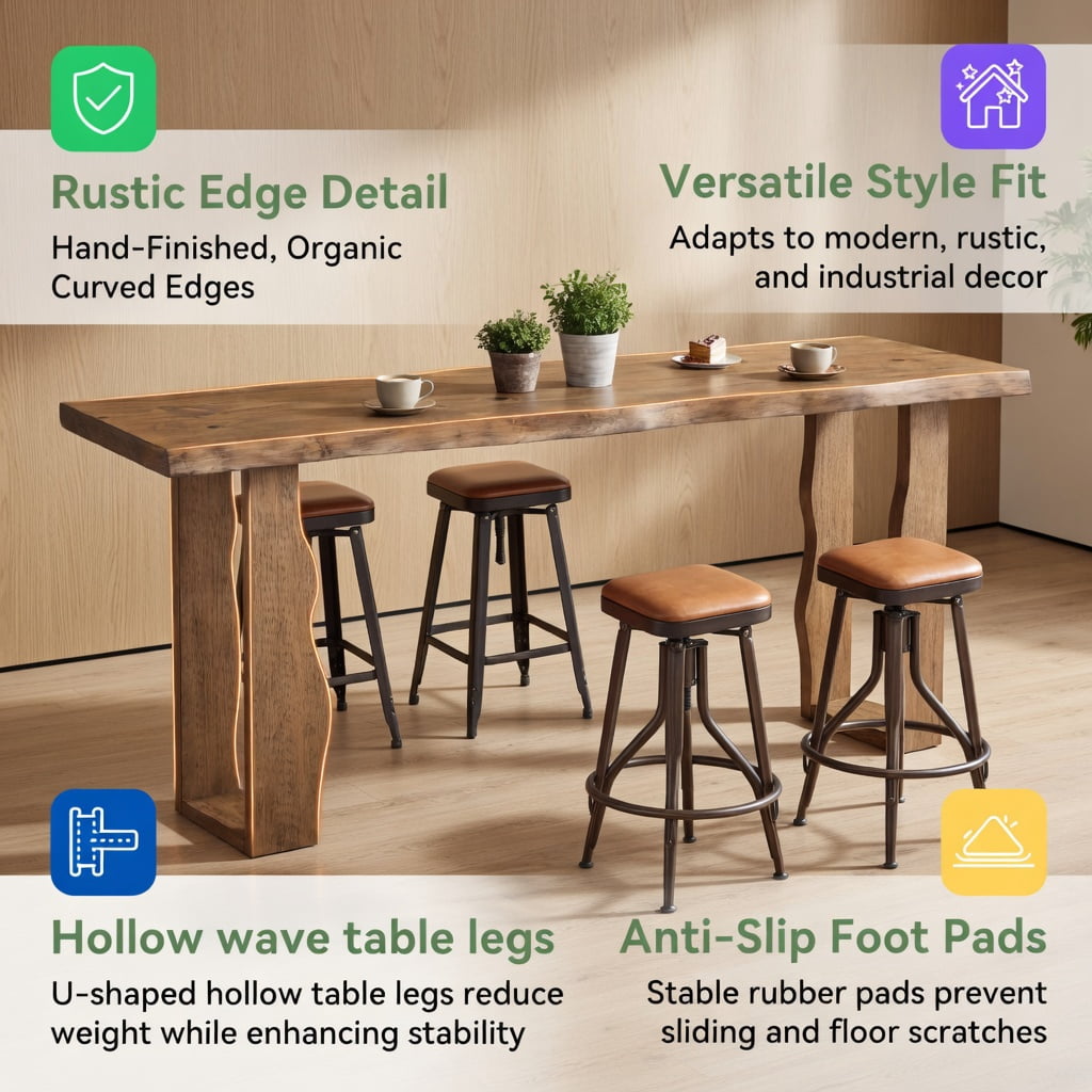 Hommoo Solid Wood Wave-Leg Bar Table, 70.9 Inch Counter Height Pub Table for Kitchen, Basement Bar & Wine Display, Rustic Pine Wood Narrow Dining Table, Natural