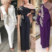 Aellinatey Women Muslim Dubai Abaya Long Sleeve Maxi Dress Floral Lace Beading Hijab Kaftan