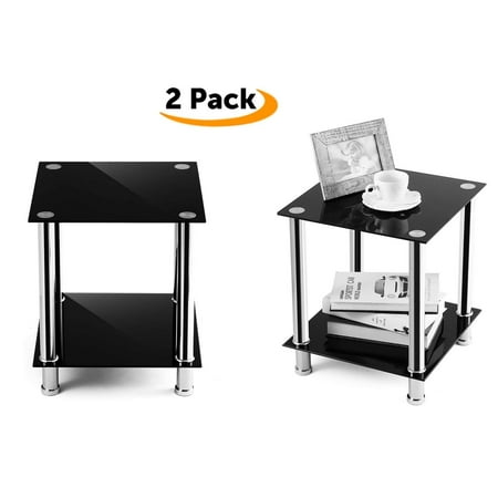 Sofa With Table Behind Rfiver 2 Set Black Square End Table, Sofa Table, Night Table with Tempered Glass Shelves ET5001 ()